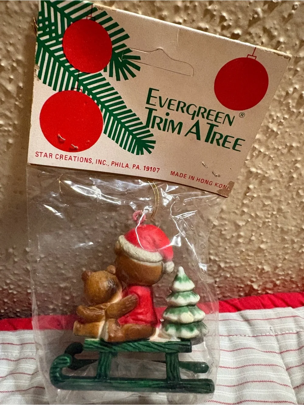 Vintage Evergreen Trim-A-Tree Bear Family Sled Ornament - Red & Green